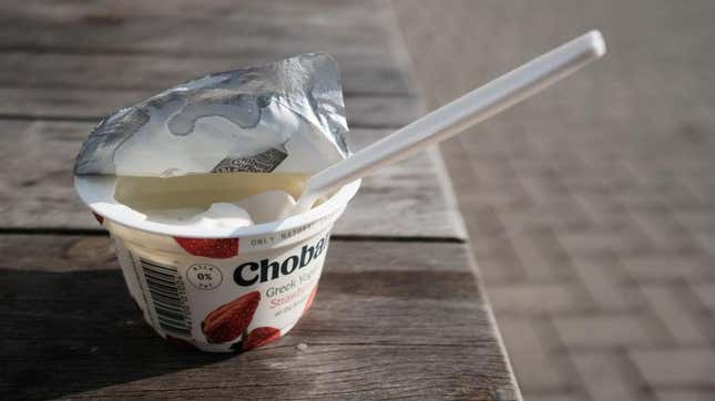 Chobani Greek yogurt cup open with spoon
