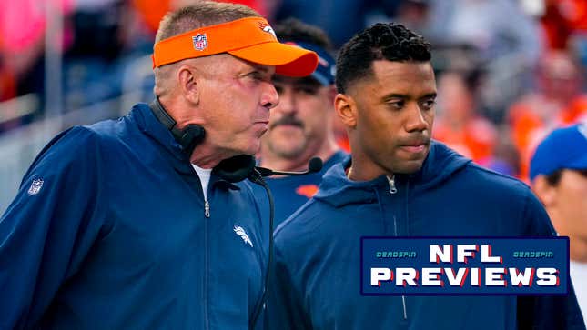 Denver Broncos head coach Sean Payton talks with Denver Broncos quarterback Russell Wilson