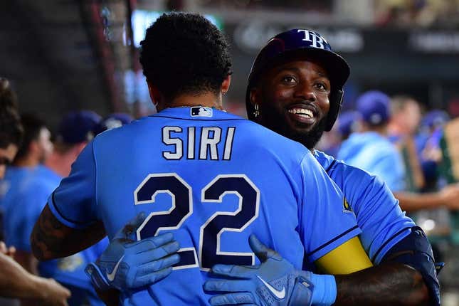 Aug 19, 2023; Anaheim, California, USA; Tampa Bay Rays left fielder Randy Arozarena (56) is greeted by center fielder Jose Siri (22) after hitting a two run home run against the Los Angeles Angels during the seventh inning at Angel Stadium.