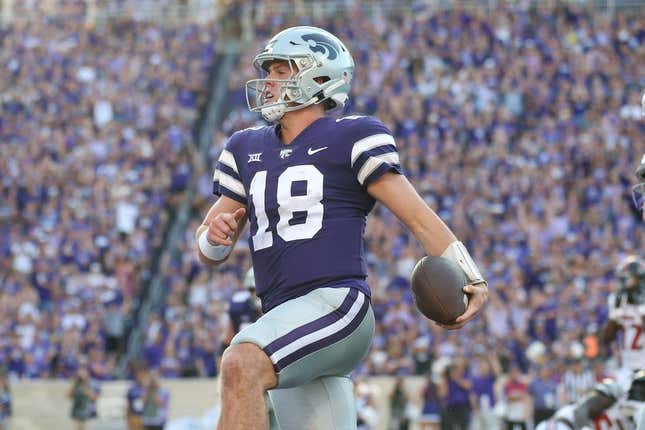 Sep 2, 2023; Manhattan, Kansas, USA; Kansas State Wildcats quarterback Will Howard (18) crosses the goal line for a touchdown during the second quarter against the Southeast Missouri State Redhawks at Bill Snyder Family Football Stadium.
