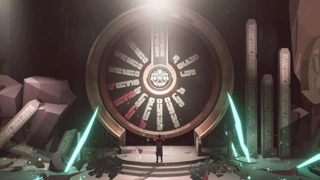 A guy stands in front of a circular door with his arms outstretched in Opus: Echo of Starsong, one of the best games of 2021