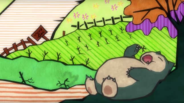 Art shows a Snowlax sleeping under a tree dreaming about vaporware.