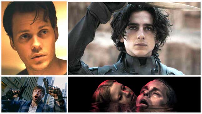 Clockwise from top left: Barbarian (20th Century Studios), Dune (Warner Bros.), Infinity Pool (Elevation Pictures), Guns Akimbo (Saban Films)