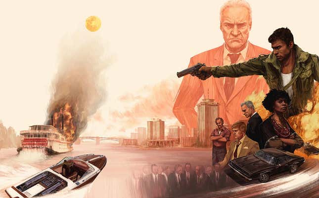 An illustration shows Mafia III protagonist with a gun drawn amidst an ensemble of other characters along the shoreline of the fictional city of New Bordeaux.