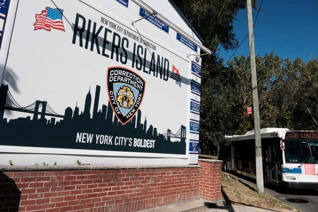 NEW YORK, NEW YORK - OCTOBER 19: The entrance to Rikers Island, home to the main jail complex, is shown from the Queens borough as shown on October 19, 2021 in New York City. The notorious jail, situated on the island in the East River between Queens and the Bronx boroughs, is under increasing scrutiny as more than a dozen inmates have died this year alone. Critics charge that staff shortages are to blame at the facility, which houses 5,700 inmates as they await trial.