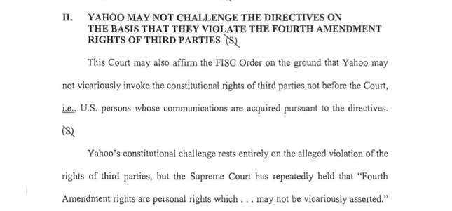 Image for article titled This secret-court document shows how the US argued Yahoo had no right to defend its users’ privacy