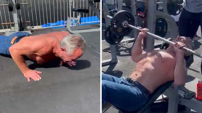 Separate screenshots of a shirtless RFK, Jr. doing pushups and bench pressing a weight bar with small weights visible, lying on an inclined bench
