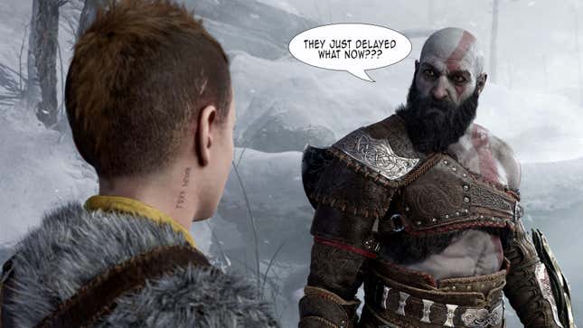 Kratos looks stunned as his son tells him Starfield will no longer be out in 2022. 