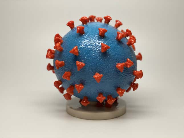 A 3-D print of a SARS-CoV-2 particle.