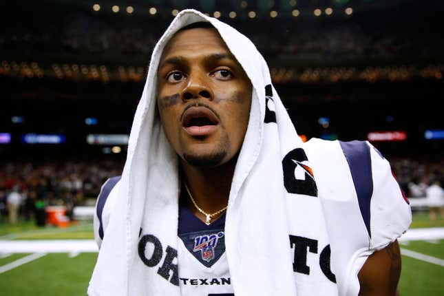 Deshaun Watson, who currently faces 22 sexual misconduct lawsuits, won’t be on the field tonight as his Texans take on the Panthers. It is likely that broadcasters will only address his allegations in the vaguest possible terms.