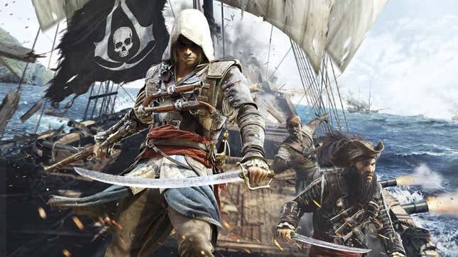 Edward Kenway brandishes a sword on a pirate ship.