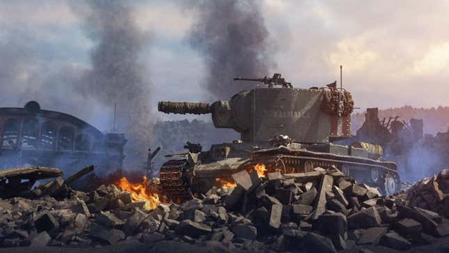 A tank climbs over rubble in a smoldering battlefield.  