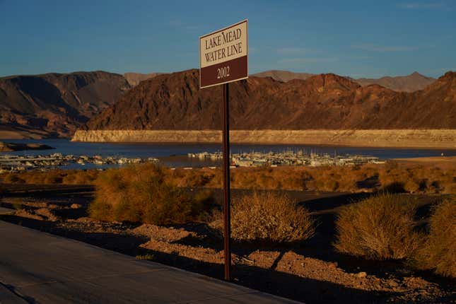 A sign at Lake Mead marks where the water line was in 2002.