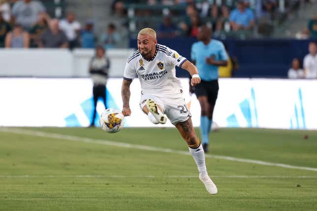 Sep 10, 2023; Carson, California, USA; Los Angeles Galaxy midfielder Diego Fagundez (21) fields the ball in the second half against St. Louis CITY SC at Dignity Health Sports Park.