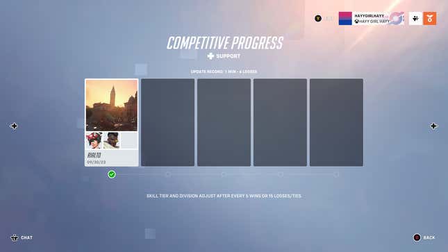 A screenshot of the author's competitive progress in support that shows one win and six losses.