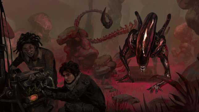 An illustration shows a Xenomorph stalking two Dead by Daylight Survivors.