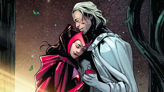 The Scarlet Witch and her adoptive father, Magneto, embrace at the Hellfire Gala.