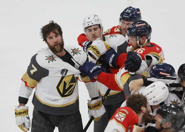 June 10, 2023; Sunrise, FL, USA; Vegas Golden Knights defenseman Alex Pietrangelo (7) and defenseman Zach Whitecloud (2) are held by Florida Panthers center Aleksander Barkov (16) and center Carter Verhaeghe (23) after game four of the 2023 Stanley Cup Final at FLA Live Arena.