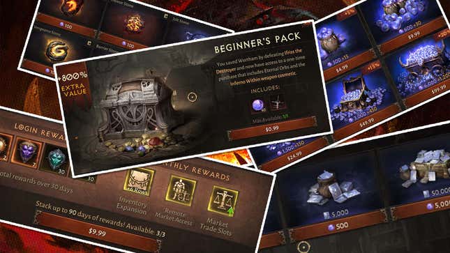 A collage of various in-game ads and stores from Diablo Immortal. 