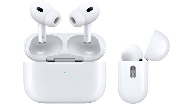 The AirPods Pro 2 earbuds and their upgraded charging case.