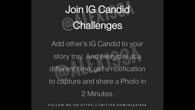 An example of Instagram's copy of BeReal called 'Candid Challenges' is shown.