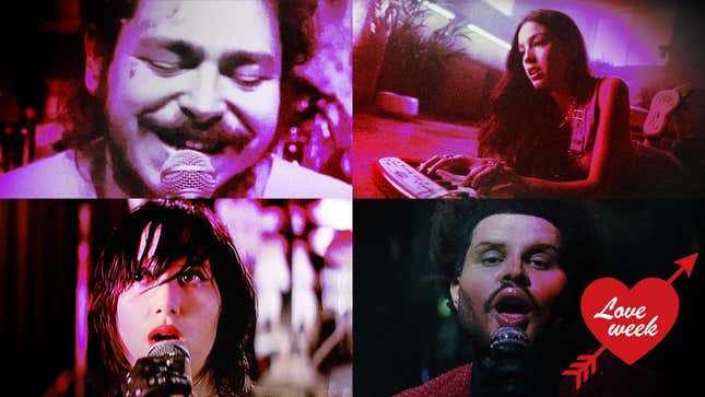 Clockwise from upper left: Post Malone, Olivia Rodrigo, The Weeknd, Karen O of the Yeah Yeah Yeahs (Screenshots: YouTube)