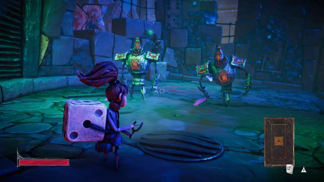 Even and Dicey working together to fight some big, angry robots.