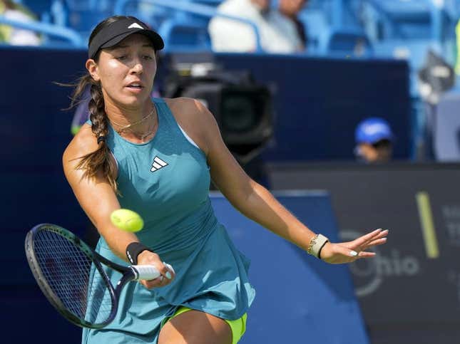 Aug 16, 2023; Mason, OH, USA; Jessica Pegula, of the United States, hits a forehand to Martina Trevisan, of Italy, during the Western &amp;amp; Southern Open at Lindner Family Tennis Center.