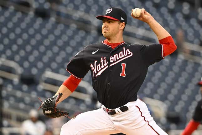 May 1, 2023; Washington, District of Columbia, USA; Washington Nationals starting pitcher MacKenzie Gore (1) throws to the Chicago Cubs during the first inning at Nationals Park.