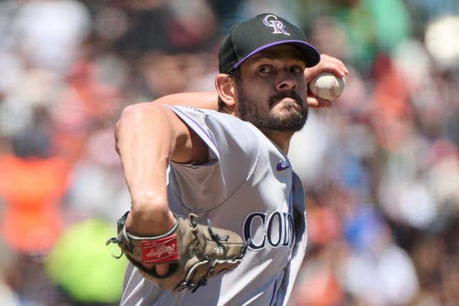 Jul 8, 2023; San Francisco, California, USA; Colorado Rockies pitcher Brad Hand (55) pitches against the San Francisco Giants during the fourth inning at Oracle Park.