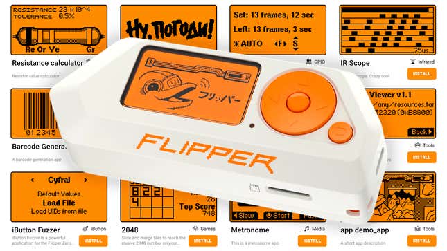 The Flipper Zero pentesting multi-tool overlaid atop a screenshot of the new Flipper Apps hub.