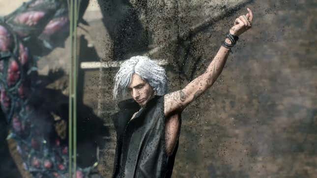 A black sand-like auroa disperses off of V's body as he snaps his fingers and activates his Devil Trigger. 