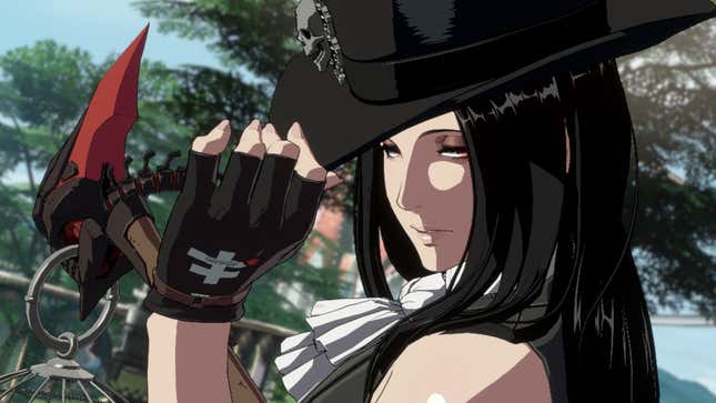 An androgynous, grim reaper-style character pulls down the brim of their top hat with a gloved hand.