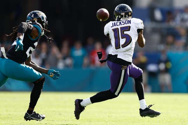 Nov 27, 2022; Jacksonville, Florida, USA; Baltimore Ravens wide receiver DeSean Jackson (15) makes a reception against the Jacksonville Jaguars during the second quarter at TIAA Bank Field.