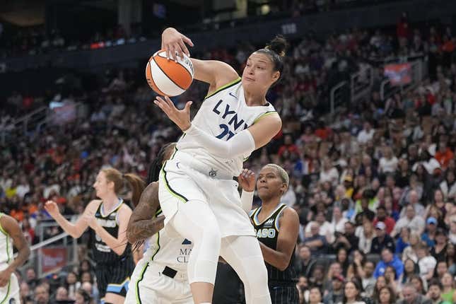 May 13, 2023; Toronto, Ontario, Canada; Minnesota Lynx guard Kayla McBride (21) rebounds against the Chicago Sky during the first half at Scotiabank Arena.
