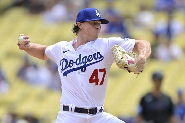 Aug 19, 2023; Los Angeles, California, USA;  Los Angeles Dodgers pitcher Ryan Pepiot (47) throws to the plate in the third inning against the Miami Marlins at Dodger Stadium.