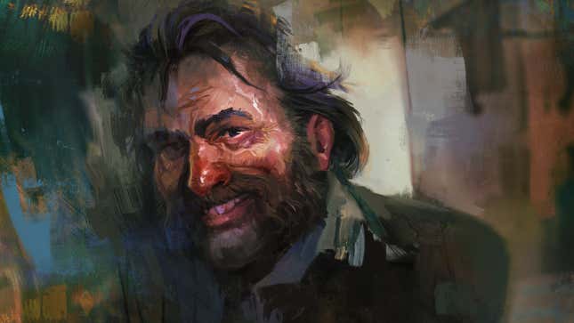 An image shows Disco Elysium's detective smile at himself in the mirror.