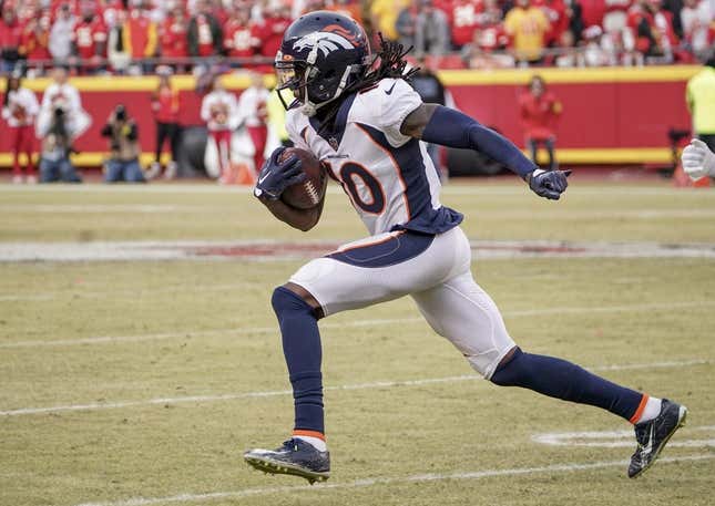 Denver Broncos wide receiver Jerry Jeudy (10) runs against the