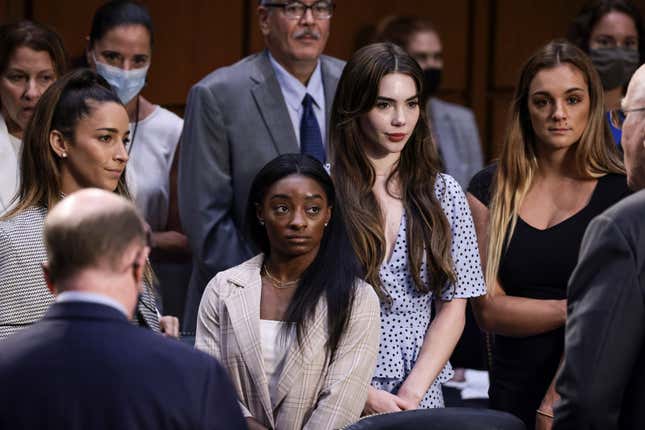 Aly Raisman, Simone Biles, McKayla Maroney and Maggie Nichols at a Senate Judiciary hearing about the Inspector General’s report on the FBI handling of the Larry Nassar investigation of sexual abuse of Olympic gymnasts.