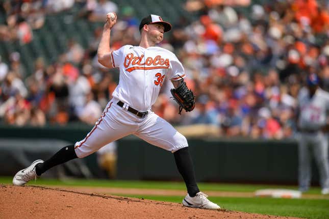 Aug 6, 2023; Baltimore, Maryland, USA; Baltimore Orioles starting pitcher Kyle Bradish (39) throws a pitch during the third inning against the New York Mets at Oriole Park at Camden Yards.