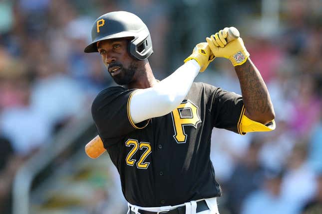 Mar 2, 2023; Bradenton, Florida, USA;  Pittsburgh Pirates left fielder Andrew McCutchen (22) steps to the plat against the New York Yankees in the first inning during spring training at LECOM Park.
