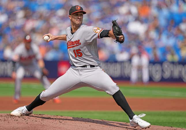Aug 3, 2023; Toronto, Ontario, CAN; Baltimore Orioles starting pitcher Jack Flaherty (15) throws a pitch against the Toronto Blue Jays during the first inning at Rogers Centre.
