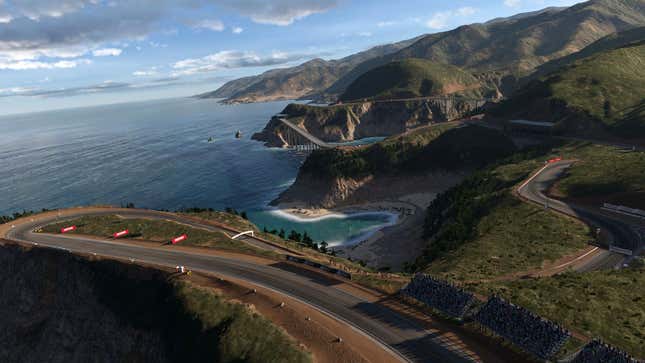 A view from the sky of the second sector of Grand Valley Highway-1 in Gran Turismo 7.