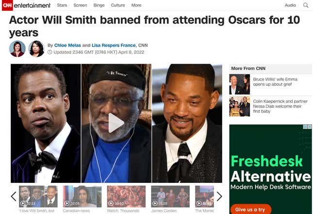 A screenshot of the CNN story about Will Smith being banned from going to the Oscars.