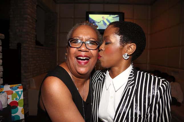 Lauryn Hill (r) and her mother Valerie Hill celebrate Lauryn Hill’s birthday at The Ballroom on May 26, 2015, in West Orange, New Jersey. 
