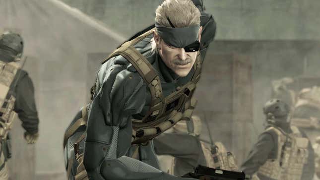 A screenshot shows Old Snake as seen in MGS4. 