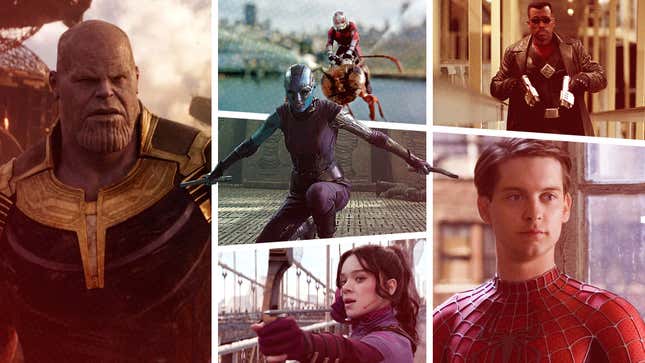 (Clockwork from left to right): Josh Brolin as Thanos in Avengers: Infinity War (Image: Marvel Studios), Paul Rudd as Ant-Man in Ant-Man (Image: Marvel Studios), Wesley Snipes as Blade in Blade: Trinity (Image: New Line Cinema), Tobey Maguire as Peter Parker/Spider-Man in Spider-Man (Image: Sony Pictures), Hailee Steinfeld as Kate Bishop in Hawkeye (Image: Marvel Studios) and Karen Gillian as Nebula in Avengers: Infinity War (Image: Marvel Studios)