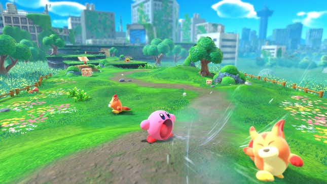 A screenshot shows Kirby sucking up air in an open world.