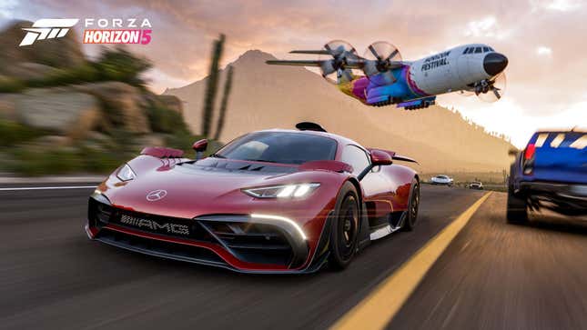 A screenshot from Forza Horizon 5 showing the AMG-Mercedes Project One racing a cargo plane. 