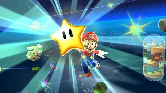 Mario collects a star in Super Mario Galaxy. 
